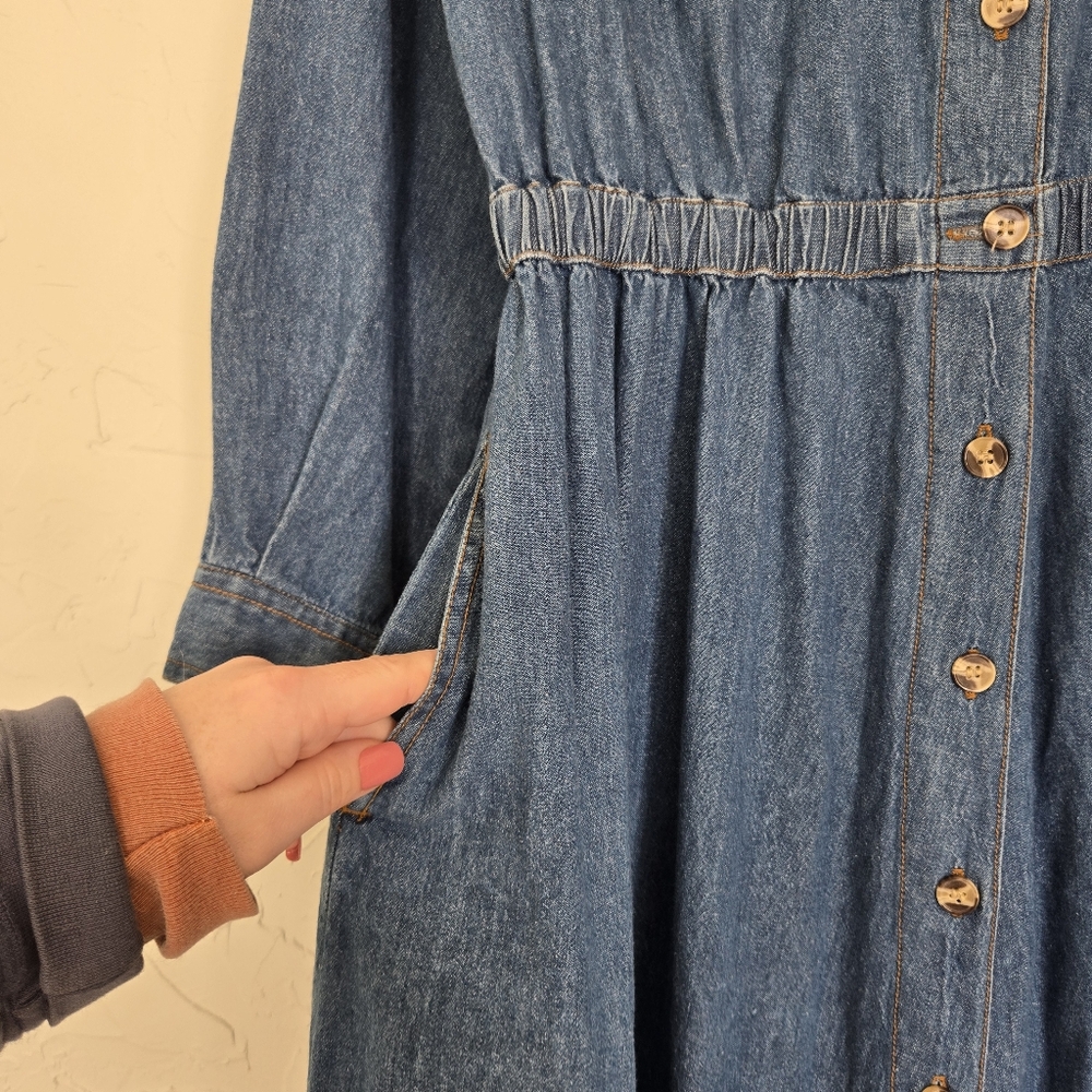 Vintage 90s Denim Jean Long Sleeve Button Front Dress - Picture 3 of 7
